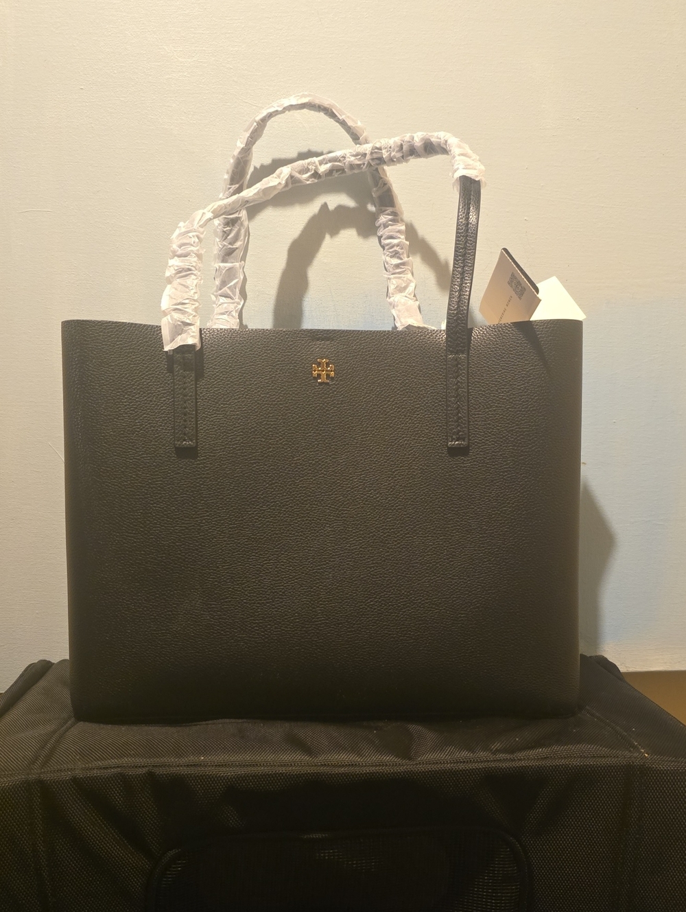Tory Burch Black Pebbled Leather Tote with Gold Logo